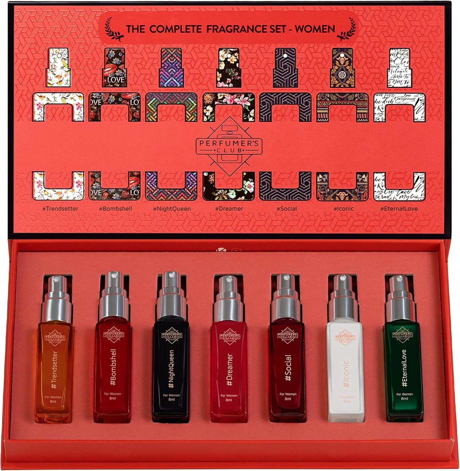 مجموعه هدیه عطر کامل زنانه پرفیومرز کلاب | 7 عدد ادو پرفیوم 8 میلی لیتری | قابل شارژ برای لایتر | مناسب جیب | 18% روغن برای ماندگاری طولانی