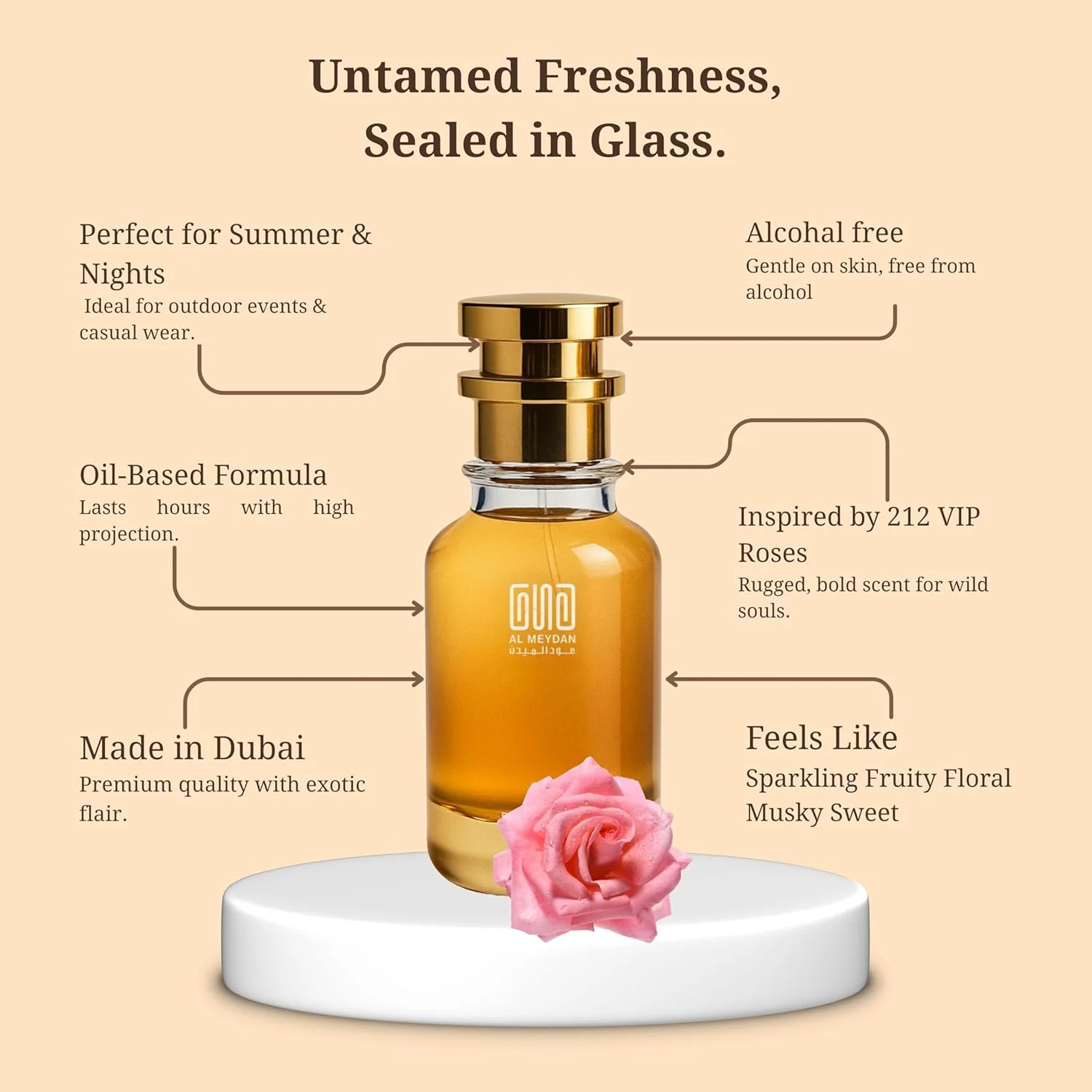 عطر روغنی زنانه عود المیدان - الهام گرفته از 212 وی آی پی رز، رایحه میوه ای گلی با شامپاین، شکوفه هلو و مشک - بدون الکل، ماندگاری طولانی و ظریف (50 میلی لیتر)