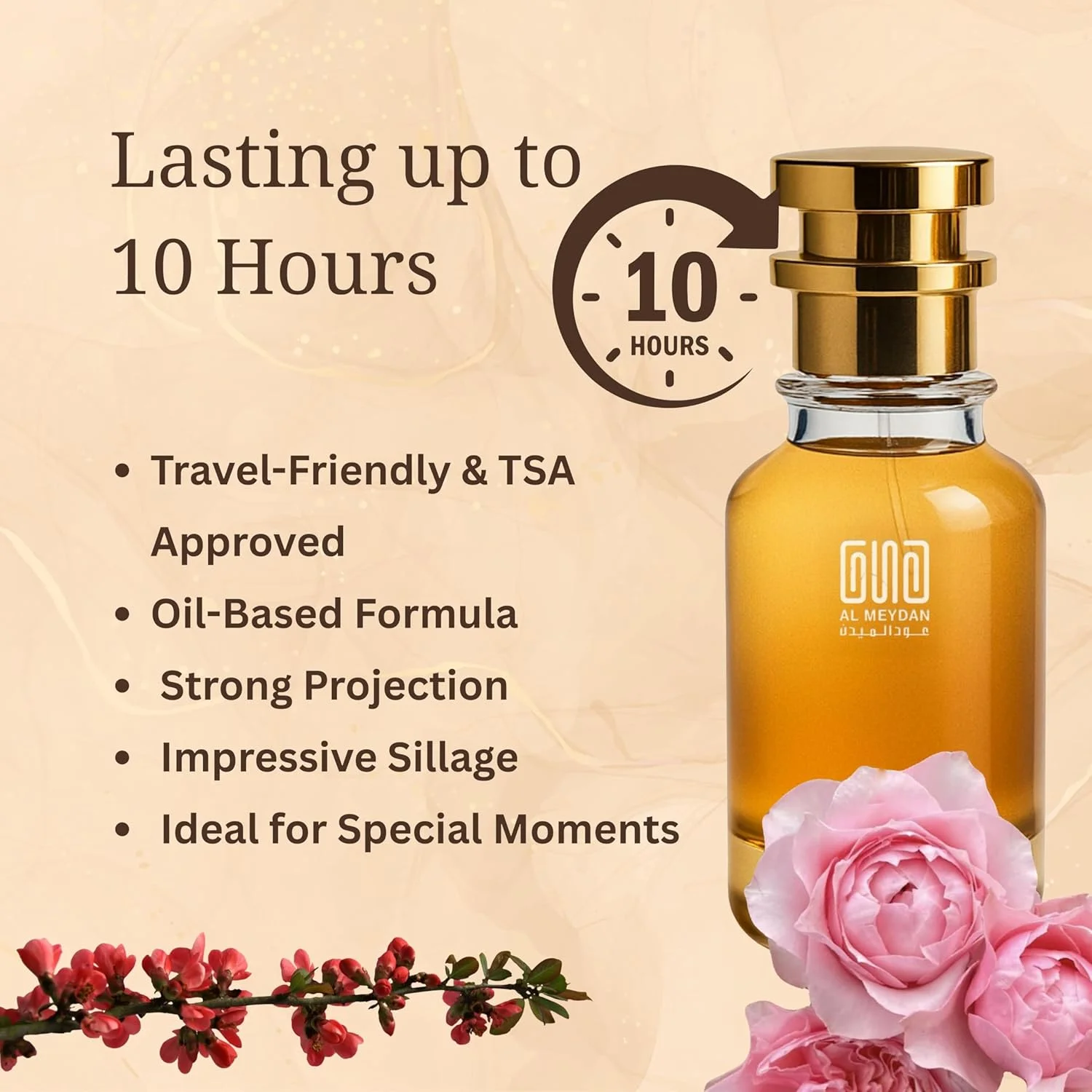 عطر روغنی زنانه عود المیدان - الهام گرفته از 212 وی آی پی رز، رایحه میوه ای گلی با شامپاین، شکوفه هلو و مشک - بدون الکل، ماندگاری طولانی و ظریف (50 میلی لیتر)