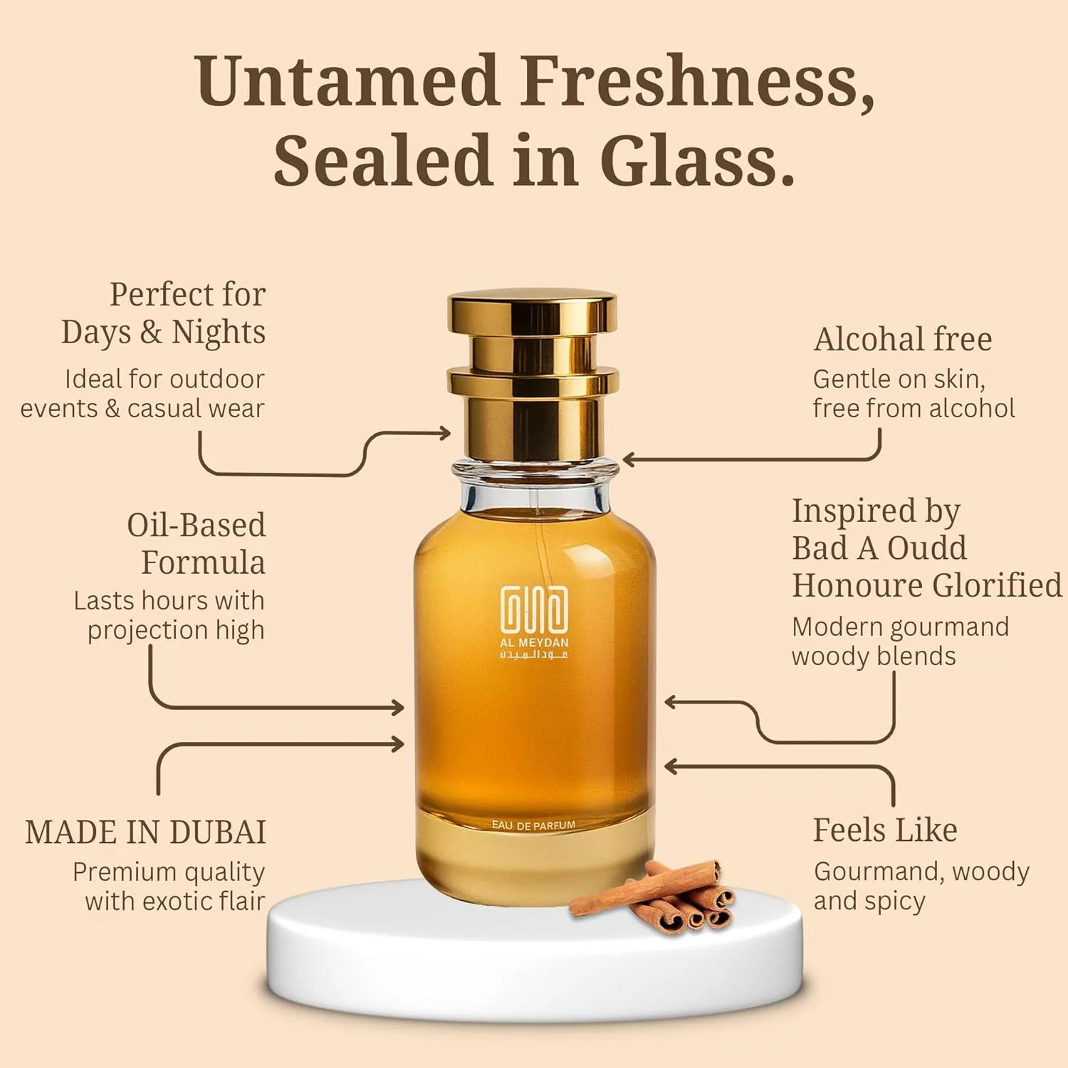 عطر روغنی عود المیدان زنانه و مردانه – الهام گرفته از Bad A Oudd Honoure Glorified – عطر روغنی گورمند و چوبی بدون الکل با رایحه آناناس، دارچین و وانیل – ماندگاری 8-10 ساعت (50 میلی لیتر)