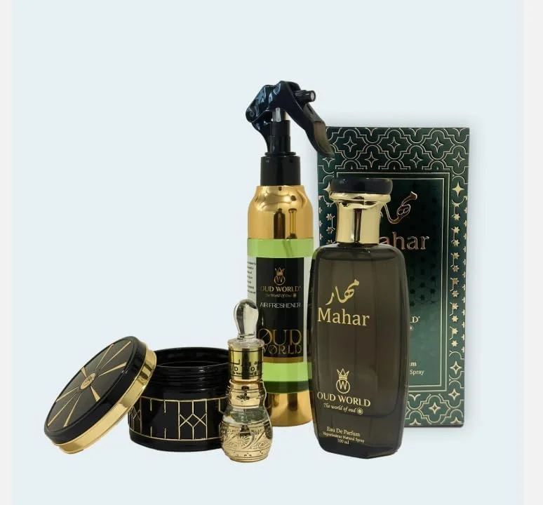 پک ترکیبی عود ورلد - ست هدیه عود شیک با عطر، بخور، عطر مشک ابریشمی 12 میلی لیتری و خوشبو کننده هوای ممتاز - هدیه عطر لوکس برای مردان و زنان (عطر Mahar)