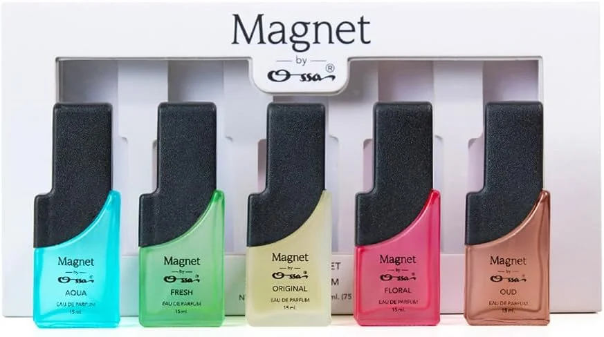 ست هدیه ادو پرفیوم Ossa Magnet Discovery Set 75ml | آکوا، فرش، اورجینال، عود، ست رایحه ممتاز گلی برای مردان و زنان | رایحه عطر ماندگار | بسته ترکیبی 5 عدد 15 میلی لیتری (بسته 5 عددی)
