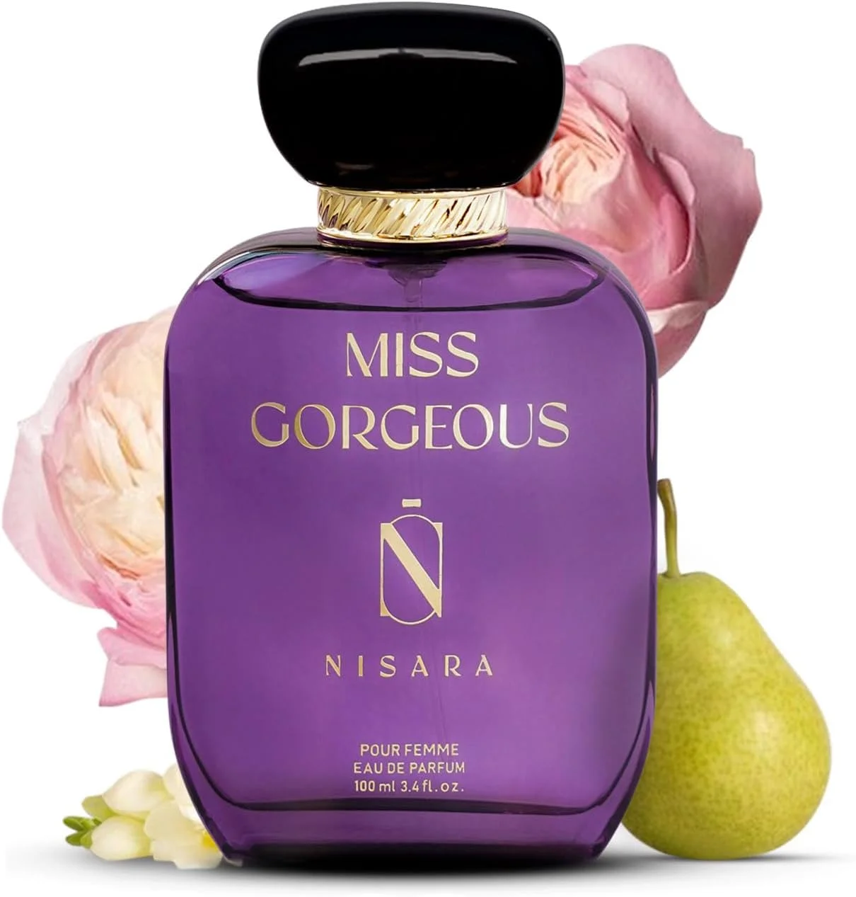 ادکلن زنانه نیسارا مدل Miss Gorgeous حجم 100 میلی لیتر | ادو پرفیوم ماندگار | رایحه گلی-میوه ای-سبز | با رایحه گلابی، ترنج، رز، چوب سدر، مشک، عنبر، وانیل | اسپری عطر EDP برای زنان | ممتاز