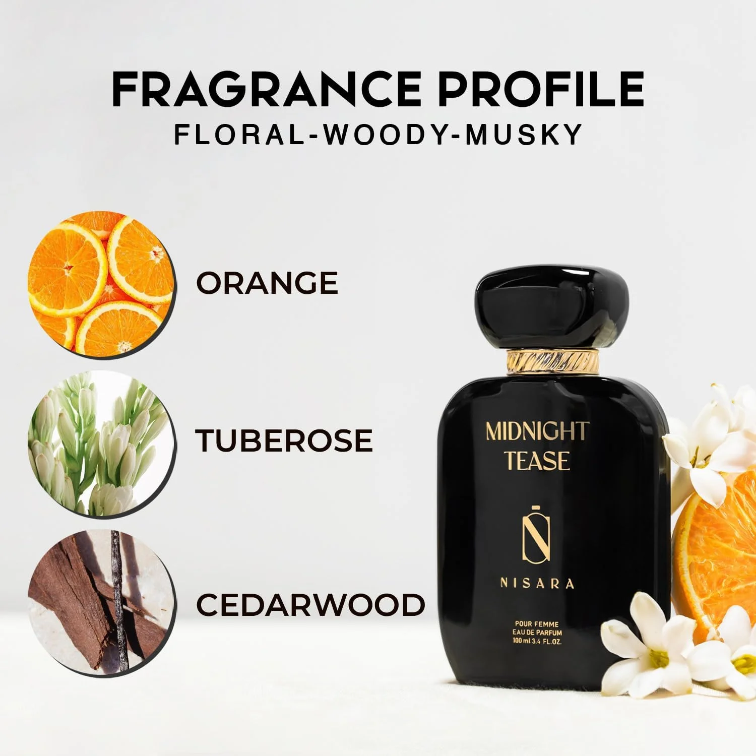 عطر زنانه نیسارا مدل Midnight Tease حجم 100 میلی لیتر | ادو پرفیوم ماندگار دخترانه | رایحه گلی چوبی مشک دار | با نت های مشک، چوب سدر و وانیل