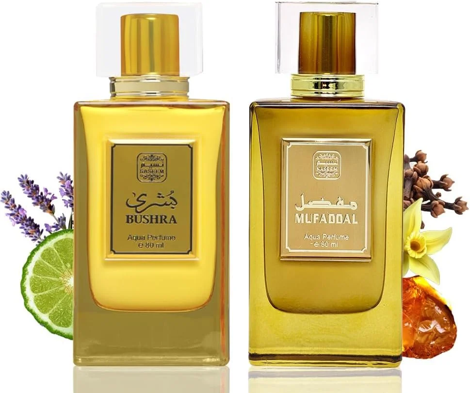 عطر ادکلن نسیم مفضل آکوا و عطر ادکلن بشرا آکوا | ادو پرفیوم با طراوت و شیک برای آقایان و بانوان | رایحه ماندگار برای استفاده روزانه و رسمی (ترکیبی - 80 میلی لیتر)