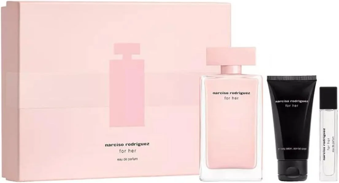 ست هدیه 3 تکه زنانه Narciso Rodriguez For Her: ادو تویلت 100 میلی لیتر - لوسیون بدن 50 میلی لیتر - ژل دوش 50 میلی لیتر