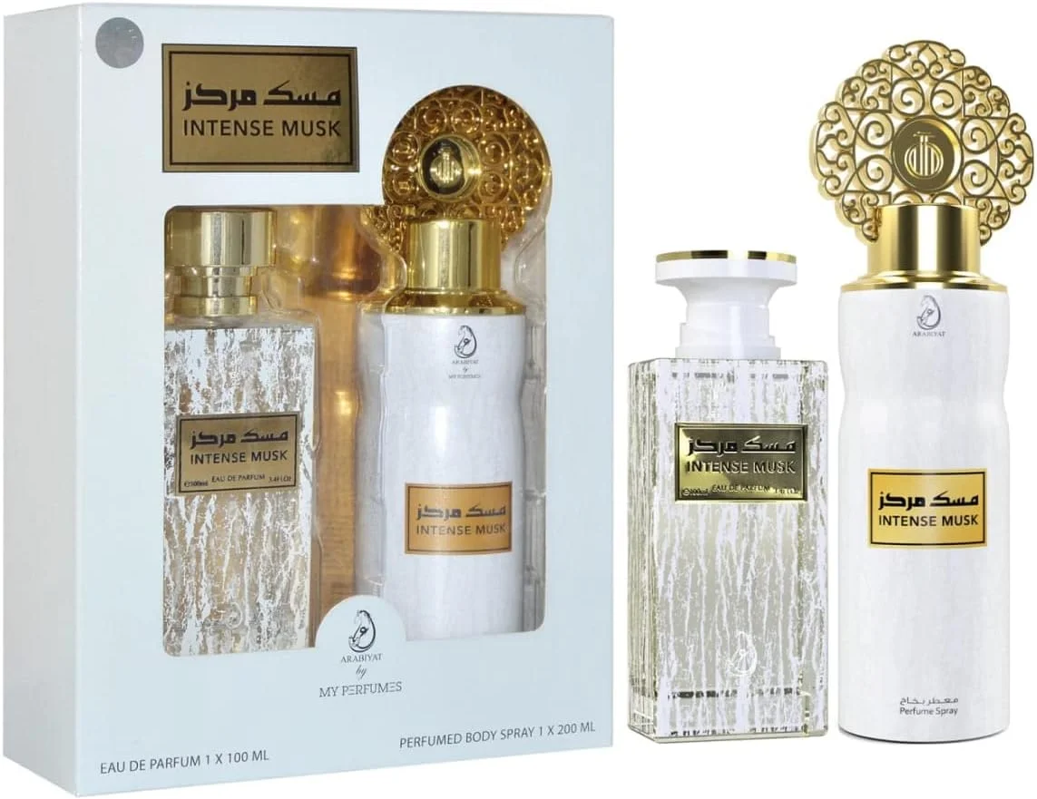 ست هدیه عطر 2 تکه MY PERFUMES INTENSE MUSK از ARABIYAT برای زنانه و مردانه، 100 میلی لیتر ادو پرفیوم و 200 میلی لیتر اسپری عطر