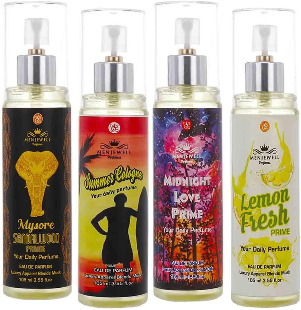 مجموعه ادو پرفیوم/اسپری معطر مردانه و زنانه منجوئل Mysore Sandalwood، Summer Cologne، Midnight Love، Lemon Fresh 420 میلی لیتر (بسته 4 عددی)