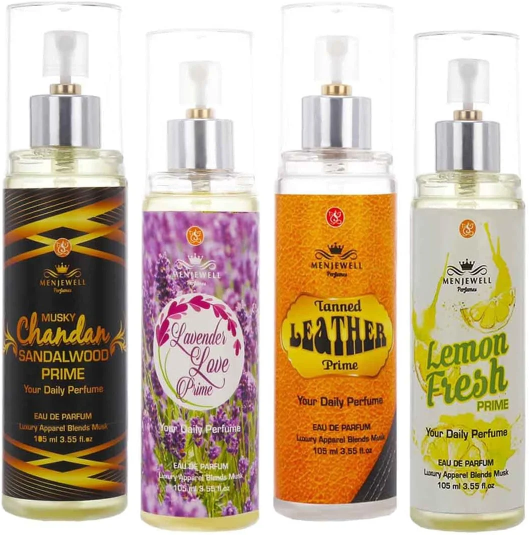 مجموعه ادو پرفیوم/اسپری معطر مردانه و زنانه منjewell با رایحه مشک، چوب صندل، اسطوخودوس، چرم برنزه و لیمو ترش، 420 میلی لیتر (بسته 4 عددی)