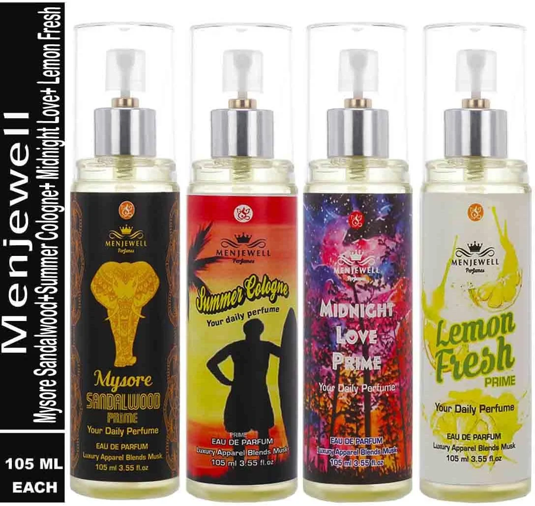 مجموعه ادو پرفیوم/اسپری معطر مردانه و زنانه منجوئل Mysore Sandalwood، Summer Cologne، Midnight Love، Lemon Fresh 420 میلی لیتر (بسته 4 عددی) مجموعه ادو پرفیوم/اسپری معطر مردانه و زنانه منجوئل Mysore Sandalwood، Summer Cologne، Midnight Love، Lemon Fresh 420 میلی لیتر (بسته 4 عددی)
