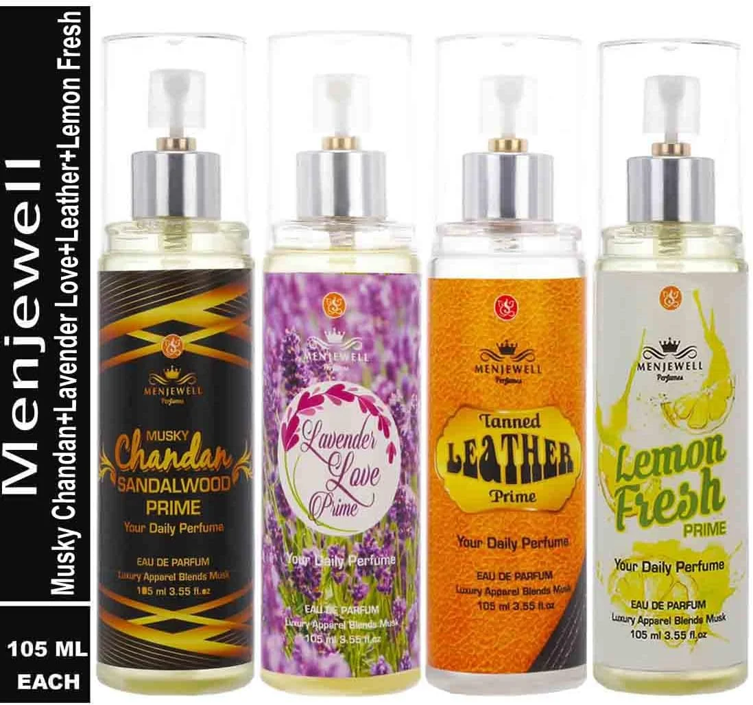 مجموعه ادو پرفیوم/اسپری معطر مردانه و زنانه منjewell با رایحه مشک، چوب صندل، اسطوخودوس، چرم برنزه و لیمو ترش، 420 میلی لیتر (بسته 4 عددی)
