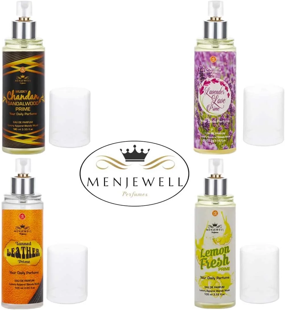 مجموعه ادو پرفیوم/اسپری معطر مردانه و زنانه منjewell با رایحه مشک، چوب صندل، اسطوخودوس، چرم برنزه و لیمو ترش، 420 میلی لیتر (بسته 4 عددی)