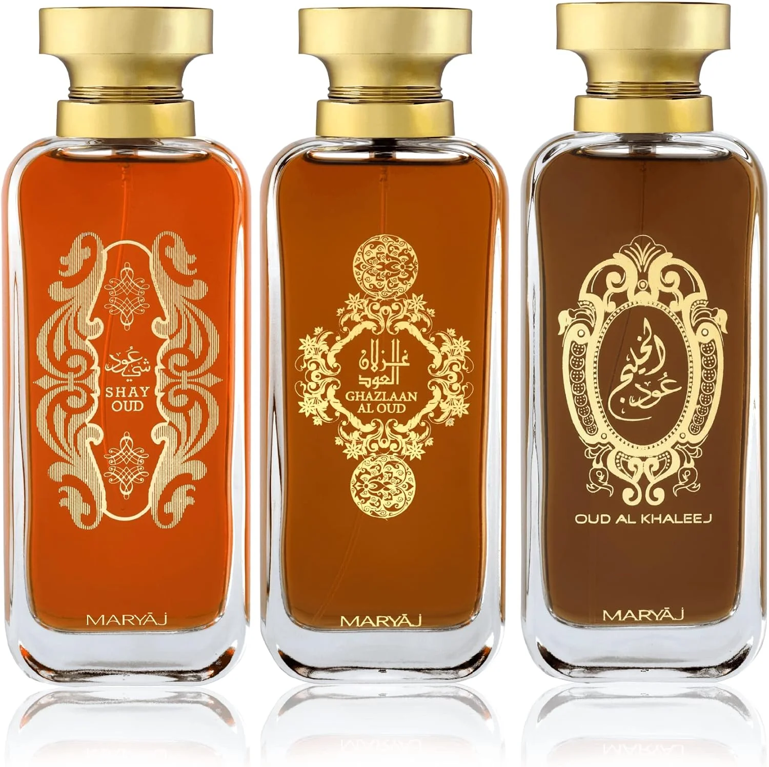ست هدیه عطر 3 تکه ماریج ARABIC OUD مناسب برای زنانه و مردانه شامل عطرهای SHAY OUD، GAZLAAN AL OUD و OUD AL KHALEEJ با رایحه ماندگار، حجم هر کدام 100 میلی لیتر