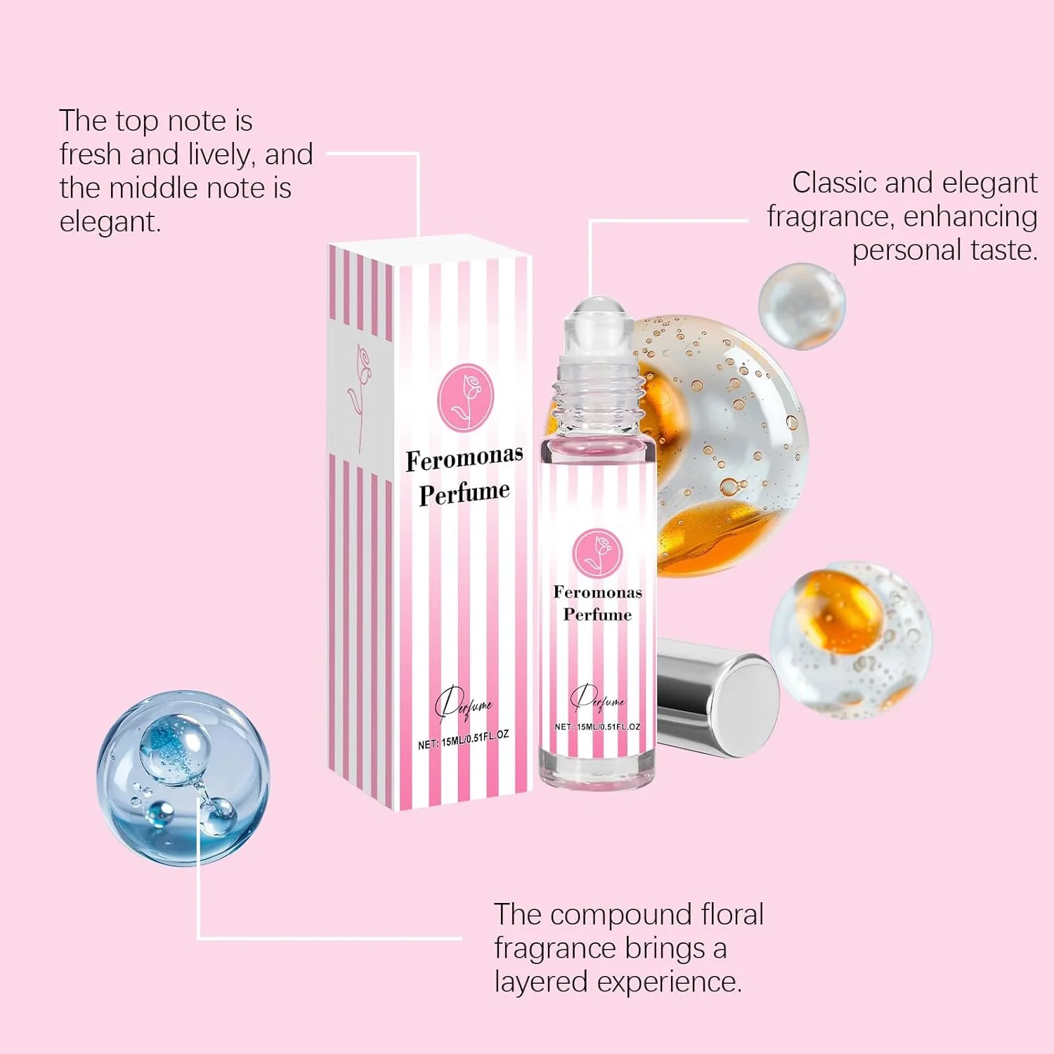 عطر زنانه KASTWAVE، روغن عطر گل رز ماندگار با اپلیکاتور رولی، عطر گلی قابل حمل برای قرار ملاقات، هدیه برای او، 15 میلی لیتر (صورتی)
