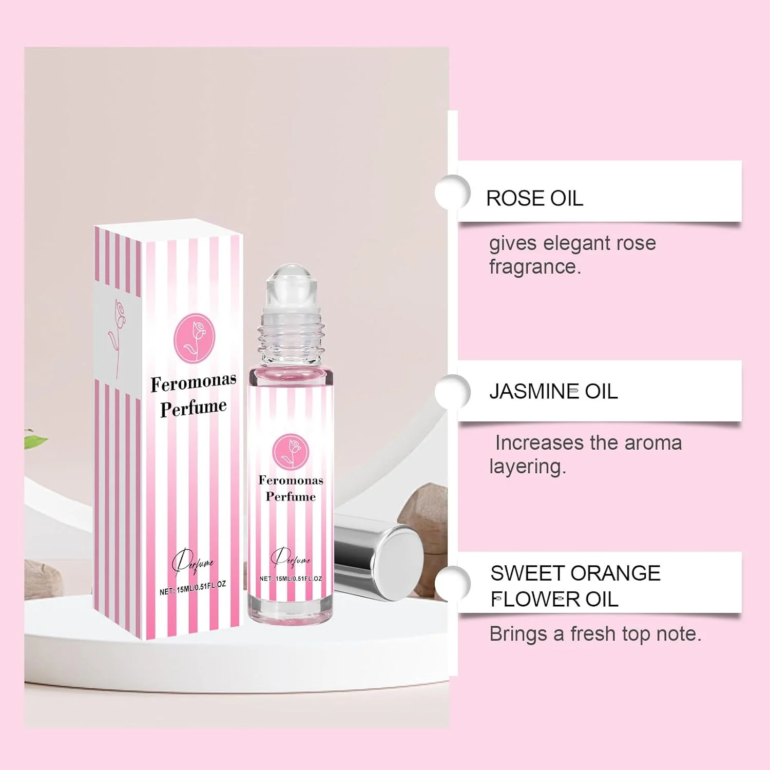 عطر زنانه KASTWAVE، روغن عطر گل رز ماندگار با اپلیکاتور رولی، عطر گلی قابل حمل برای قرار ملاقات، هدیه برای او، 15 میلی لیتر (صورتی)