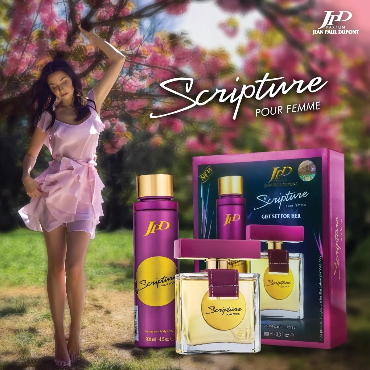 پک هدیه دو تکه زنانه Jean Paul Dupont (JPD) Scripture Pour Femme - ادو پرفیوم 100 میلی لیتر + اسپری بدن 200 میلی لیتر - هدیه برای او - ست هدیه عطر - رایحه های تازه و چوبی