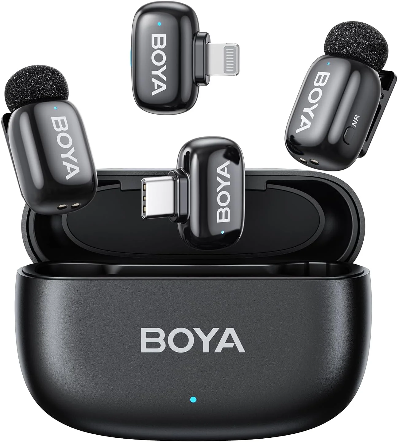 میکروفون یقه ای بی سیم Boyamini برای دستگاه های آیفون/آیپد و اندروید با 2 دوشاخه و 2 میکروفون فوق العاده مینی با 30 ساعت استفاده، تغییر صدای هوش مصنوعی، میکروفون یقه ای برای ولاگ، استریمینگ، TikTok، YouTube (مشکی)