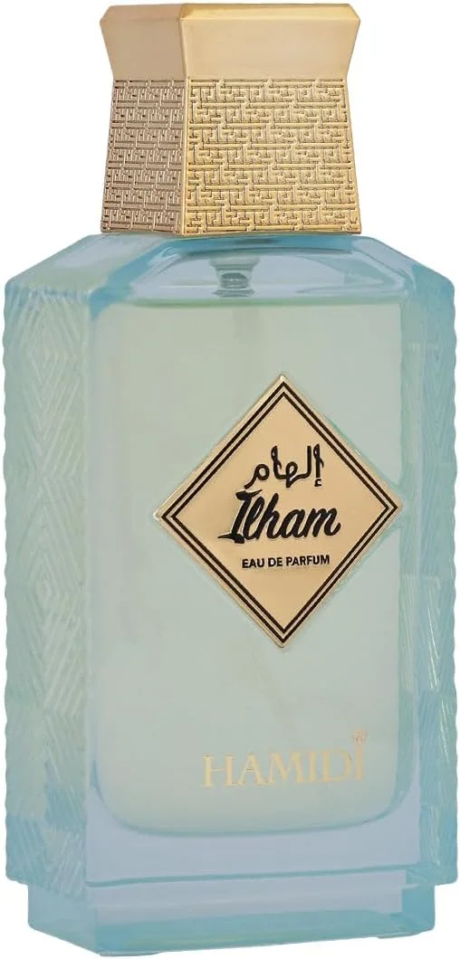 عطر زنانه حمیدی الهام آبی ادو پرفیوم 100 میلی لیتر، عطر زنانه، ماندگاری طولانی، رایحه عربی معطر گلی با ترنج، جوز هندی، شکوفه آناناس و گل مریم