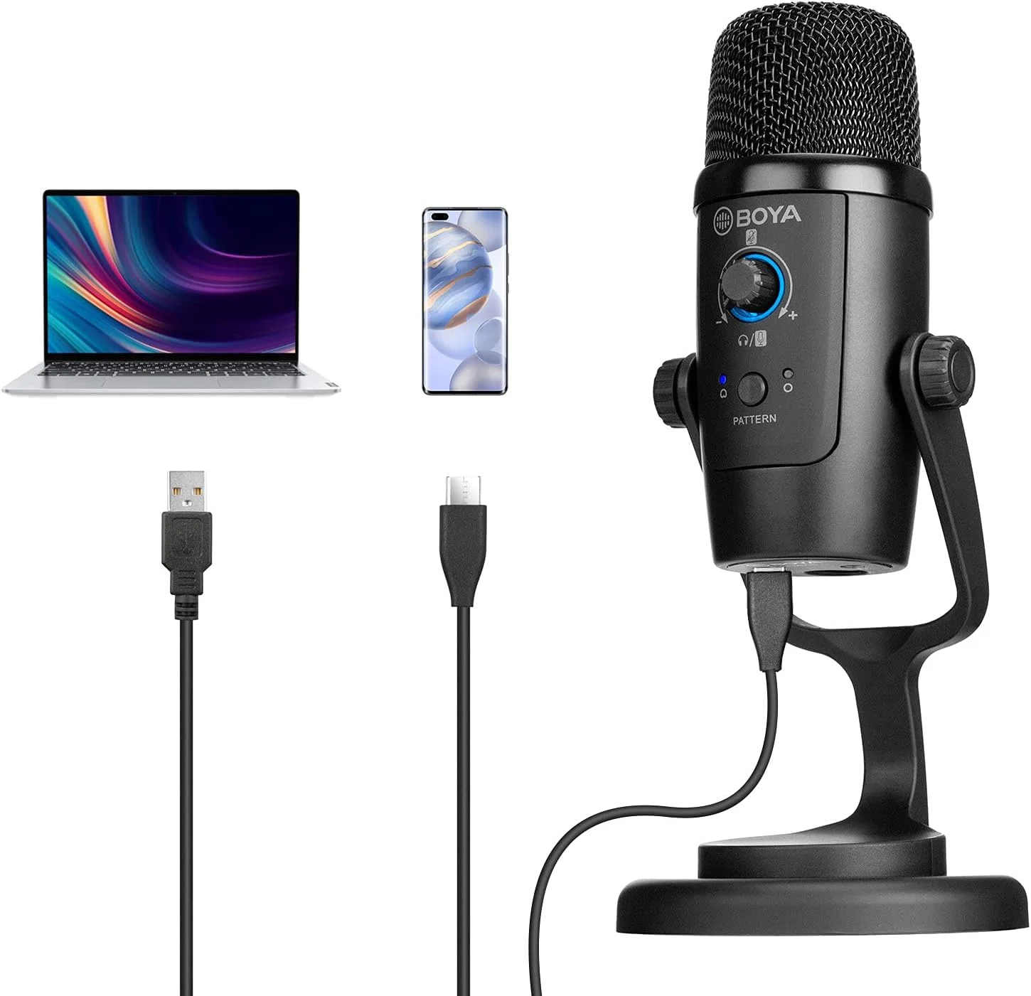 میکروفون USB استودیویی کاندنسر کامپیوتر BOYA BY-PM500، میکروفون رومیزی با الگوهای قطبی چندگانه و مانیتورینگ برای ضبط و استریم روی PC و Mac، ویندوز، برای YouTube، Facebook Live، بازی ها