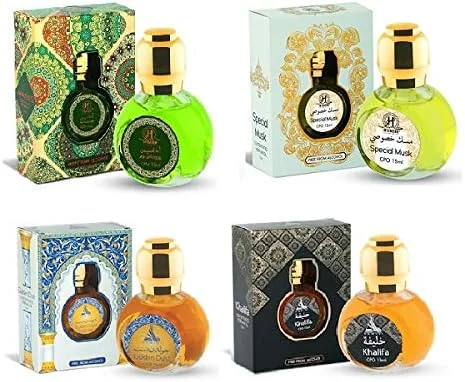 روغن عطر کنسانتره 15 میلی لیتری حمیدی بدون الکل برای مردان و زنان (بسته 4 عددی) (خلیفه + گلدن داست + احساس + مشک ویژه)