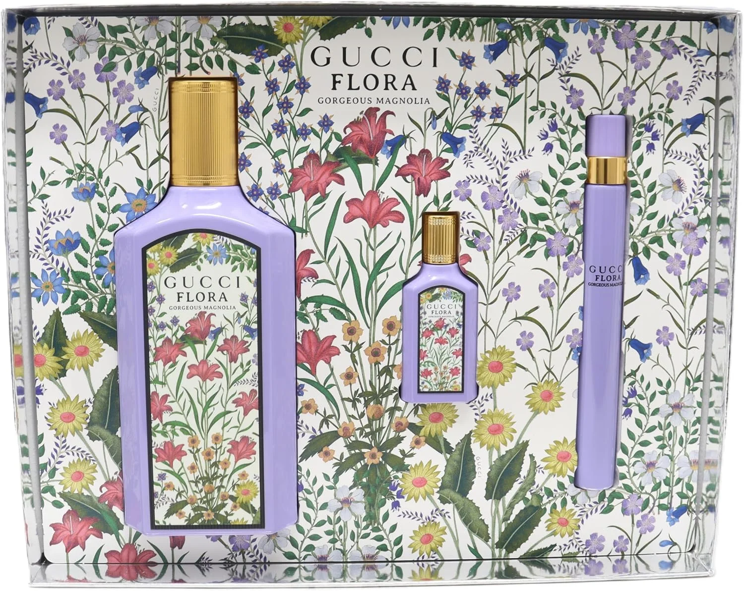 ست هدیه زنانه Gucci Flora Gorgeous Magnolia: اسپری ادو پرفیوم 100 میلی لیتر + اسپری ادو پرفیوم مینی 10 میلی لیتر + قلم مینی اسپری ادو پرفیوم 5 میلی لیتر - جعبه سخت