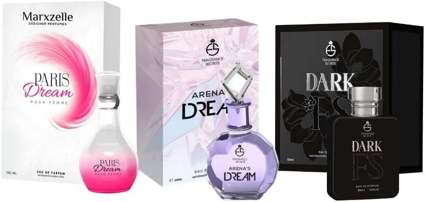 ست هدیه عطر Fragrance Secrets شامل عطر Paris Dream و DARK FS و Arena's Dream، بهترین ست هدیه عطر، ست هدیه عطر مصرفی، شماره 1 ست هدیه عطر Dirham، هدیه عطر برای زنان