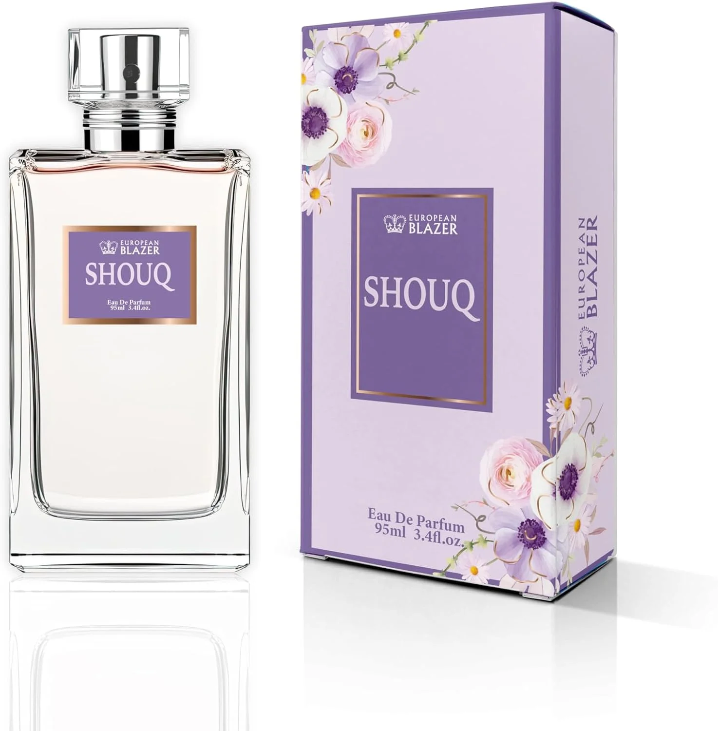 ادو پرفیوم زنانه European Blazer مدل SHOUQ - حجم 95 میلی لیتر | عطر شرقی، تند و کهربایی ماندگار | رایحه ای شیک برای استفاده روزانه و شبانه | هدیه ای لوکس برای خانم ها
