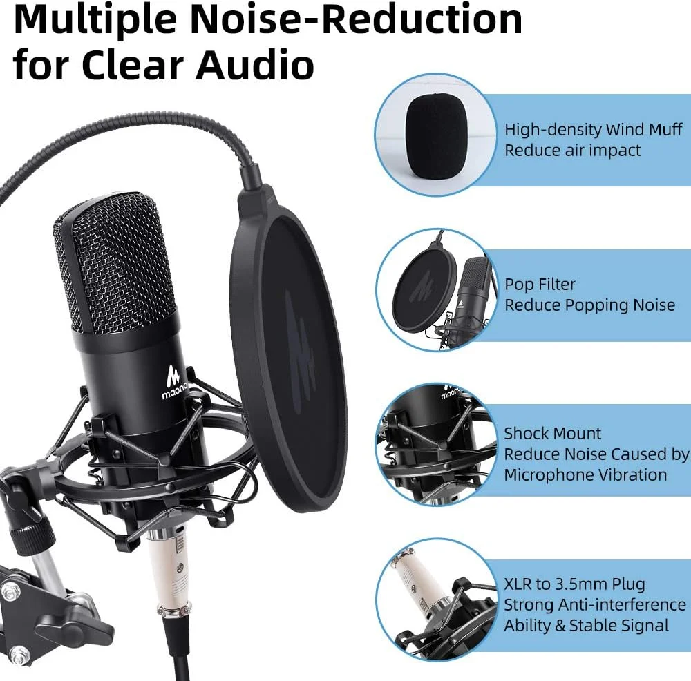 کیت میکروفون کاندنسر XLR مدل Maono AU-A03 به همراه بازوی بوم و پایه میکروفون XLR (مشکی) کیت میکروفون کاندنسر XLR مدل Maono AU-A03 به همراه بازوی بوم و پایه میکروفون XLR (مشکی)