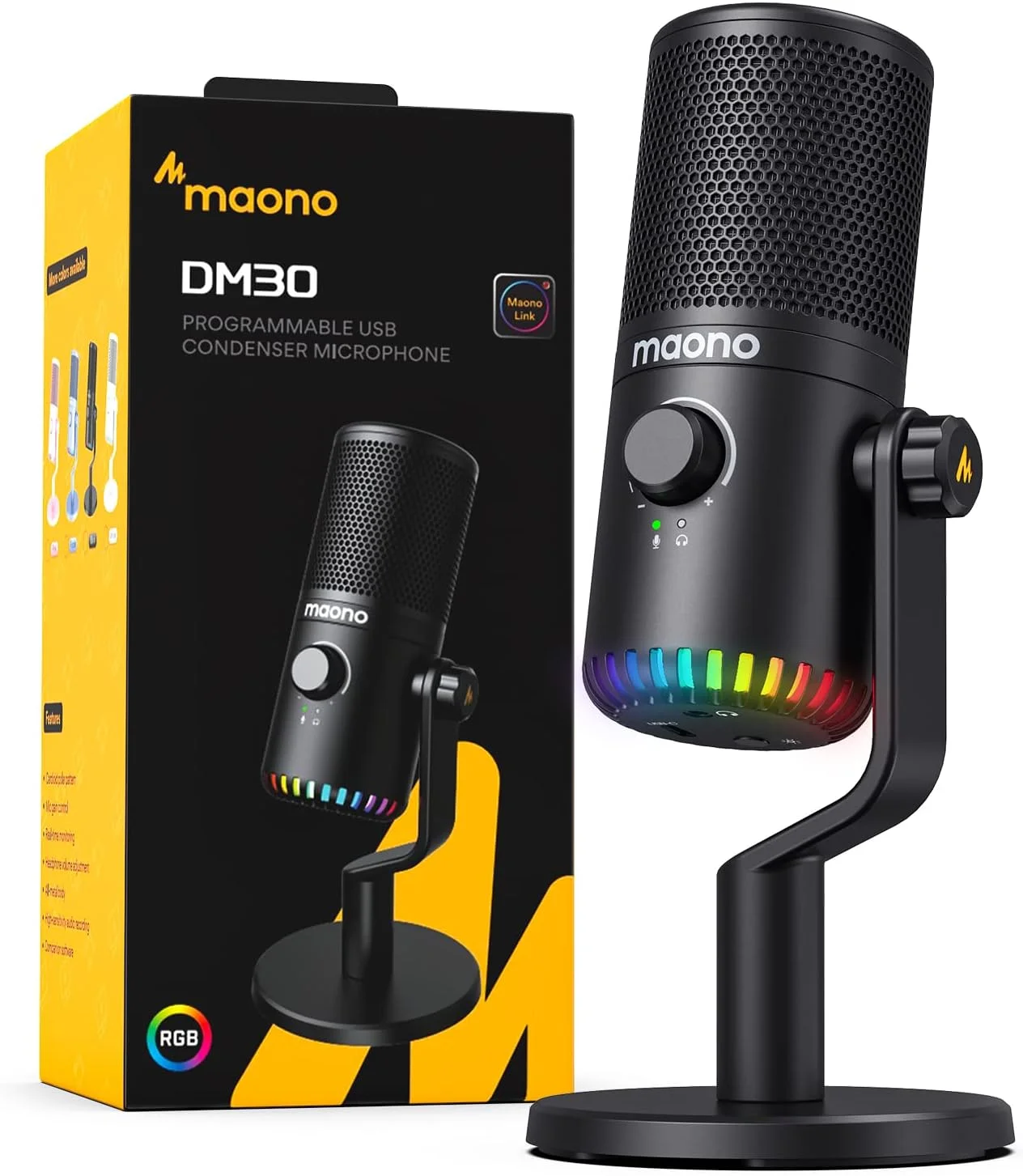 میکروفون گیمینگ USB مائونو برای کامپیوتر، میکروفون کاندنسر قابل برنامه ریزی با نور RGB، قطع صدا، بهره، مانیتورینگ، کنترل صدا برای استریم، پادکست، توییچ، یوتیوب، دیسکورد، کامپیوتر، مک، PS5، DM30 (مشکی)