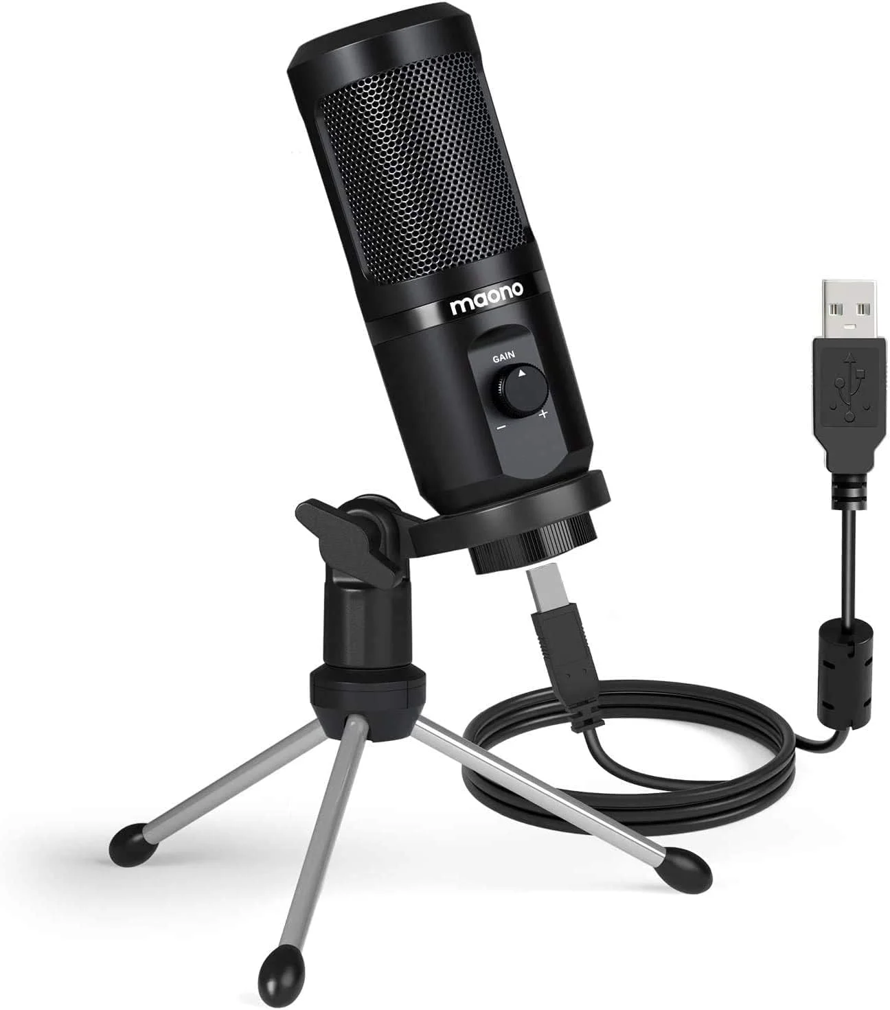 میکروفون پادکست MAONO مدل AU-PM461TR 192KHZ/24BIT USB فلزی کاندنسر کاردیوئید PC با چیپست صدای حرفه ای برای استریمینگ، یوتیوب، صداگذاری، ضبط استودیویی/خانگی