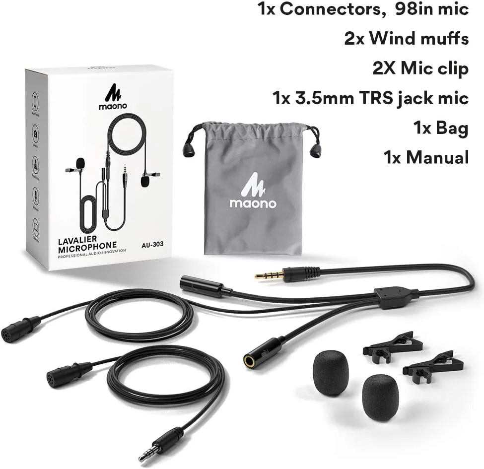 میکروفون یقه‌ای کاندنسر Maono AU-303، میکروفون دوگانه گیره‌ای با میکروفون جداشدنی و درگاه ورودی هدفون 3.5 میلی‌متری