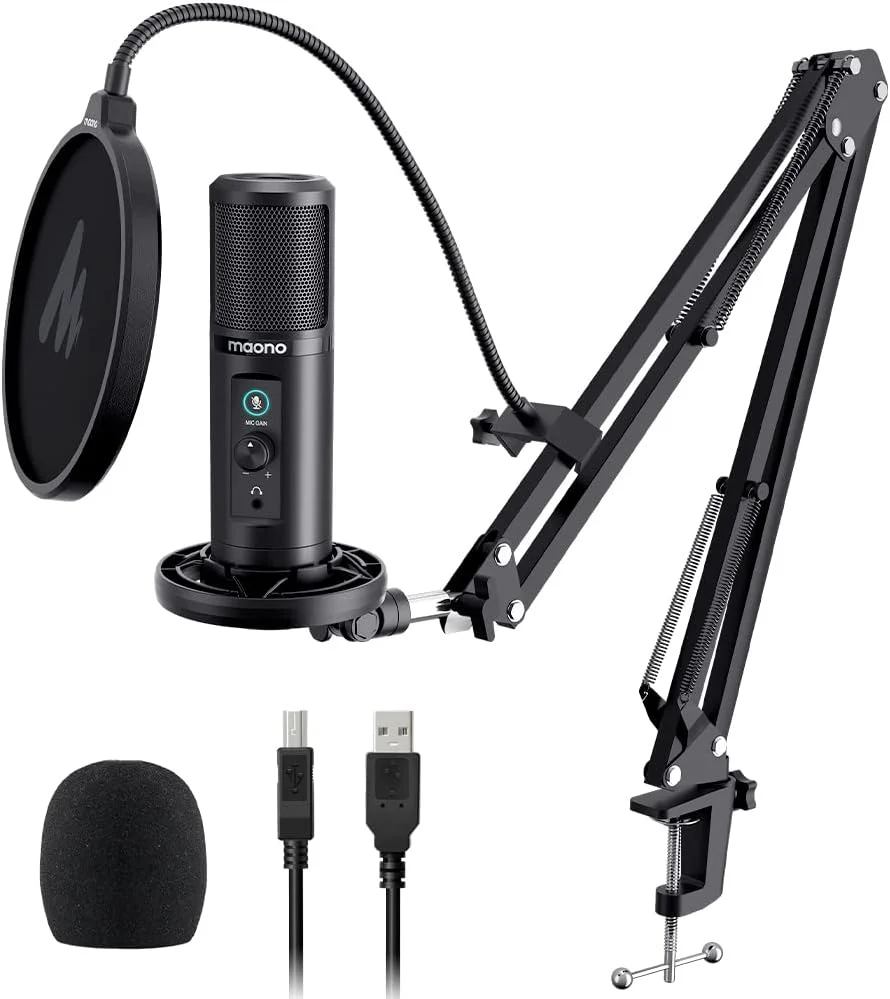 میکروفون USB کامپیوتر MAONO، میکروفون کاندنسر حرفه ای با قطع صدا، افزایش گین میکروفون، مانیتورینگ بدون تاخیر، بازوی بوم برای استودیو، پادکست، بازی، استریمینگ، ضبط، Twitch، YouTube PM422