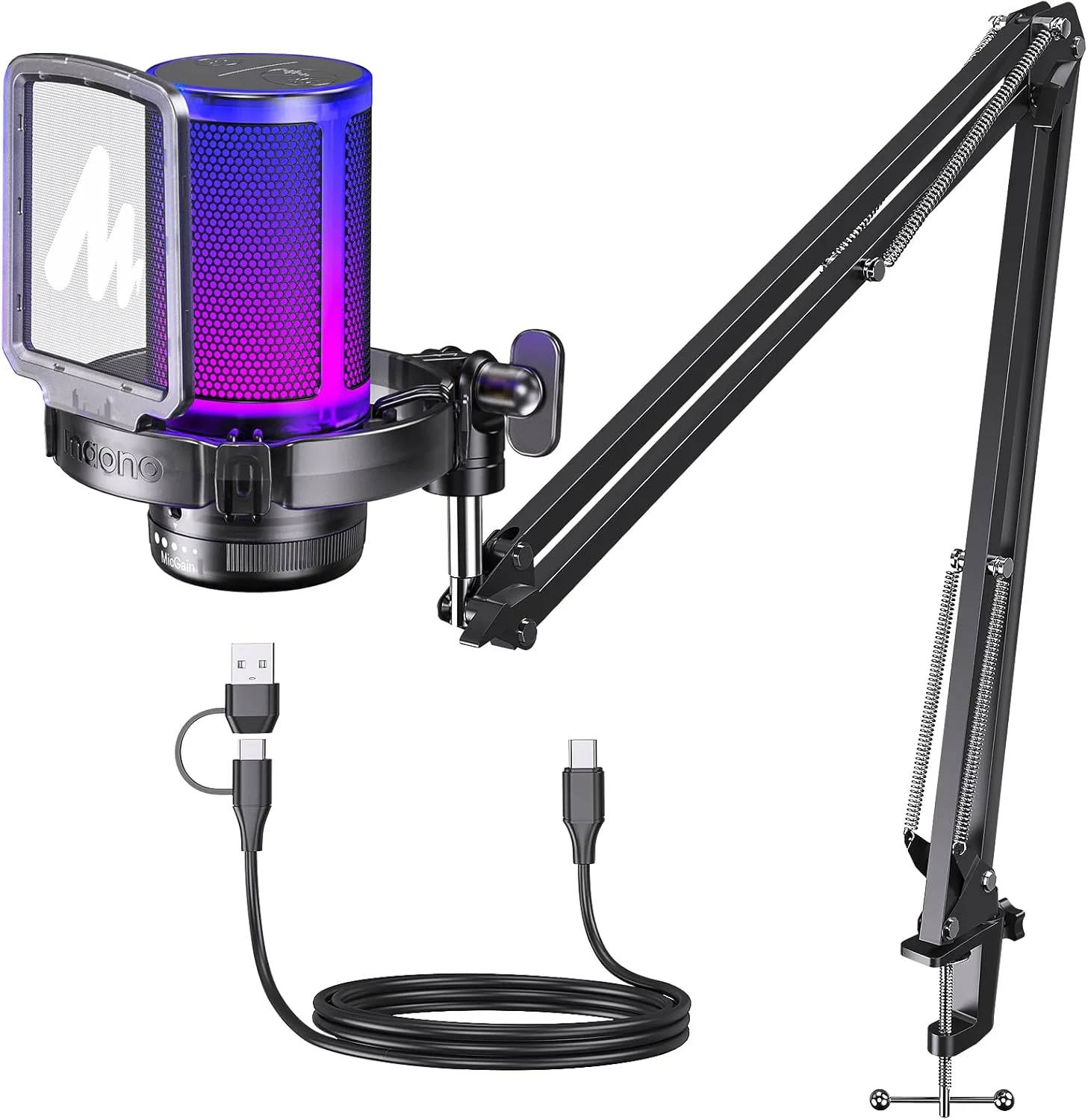 میکروفون USB گیمینگ MAONO با قابلیت حذف نویز، میکروفون کندانسور با دکمه‌های بی‌صدا، کنترل گین، مانیتورینگ برای استریم، پادکست، توییچ، یوتیوب، دیسکورد، کامپیوتر، PC، PS5، GamerWave DGM20S