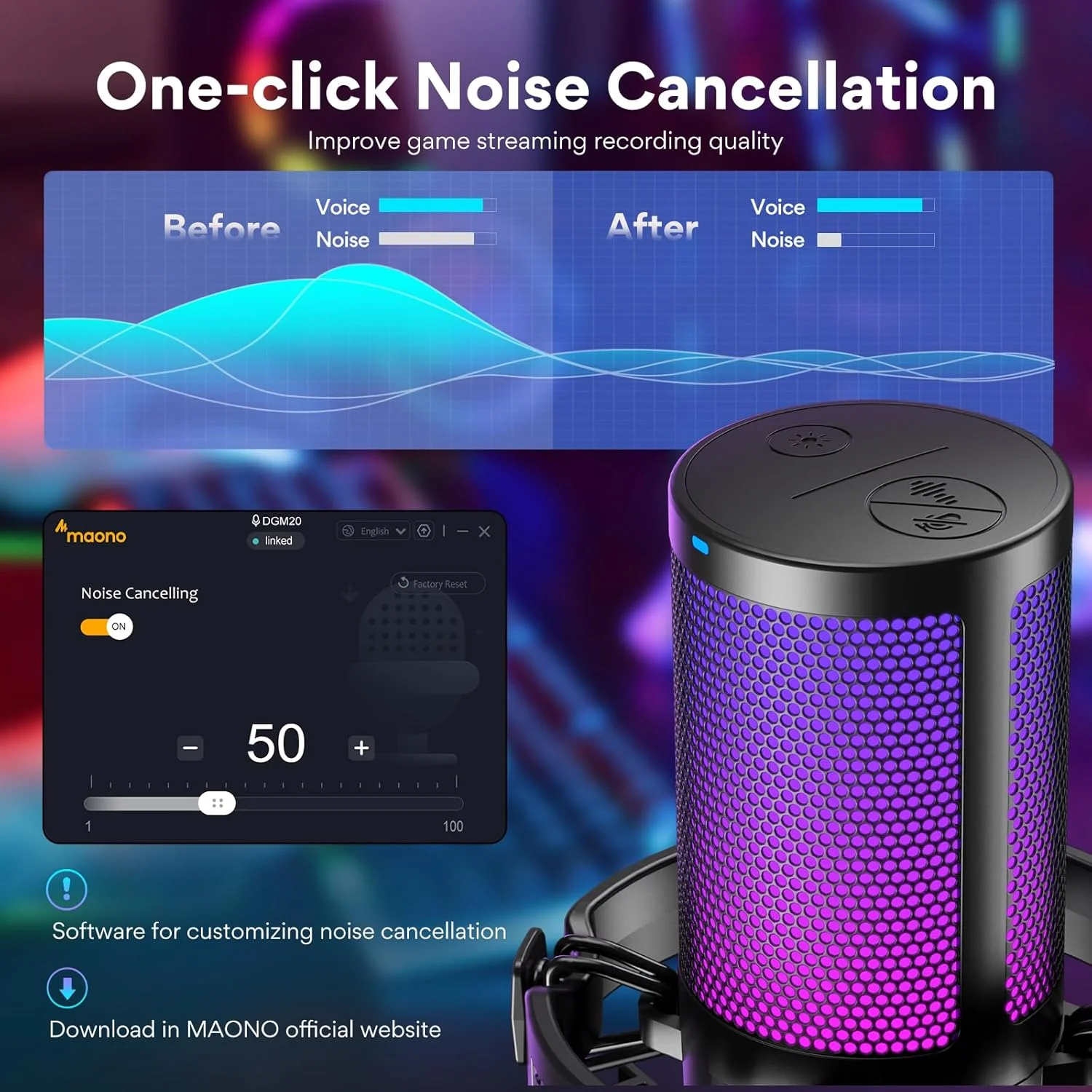 میکروفون گیمینگ USB MAONO برای کامپیوتر، میکروفون کندانسور با قابلیت حذف نویز با نورهای RGB، بیصدا کردن، کنترل گین صدا برای استریم، ضبط، پادکست، چت، توییچ، یوتیوب، دیسکورد، کامپیوتر، PS5، PS4، GamerWave میکروفون گیمینگ USB MAONO برای کامپیوتر، میکروفون کندانسور با قابلیت حذف نویز با نورهای RGB، بیصدا کردن، کنترل گین صدا برای استریم، ضبط، پادکست، چت، توییچ، یوتیوب، دیسکورد، کامپیوتر، PS5، PS4، GamerWave