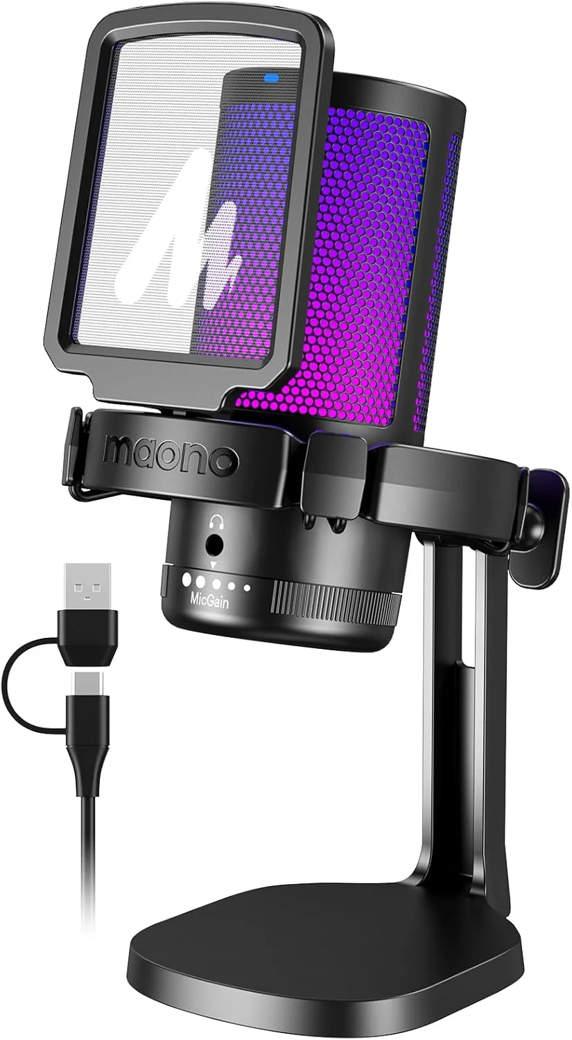 میکروفون گیمینگ کاندنسر RGB مائونو، میکروفون پادکست USB با حذف نویز فعال، گین میکروفون، بی‌صدا کردن با یک کلیک، نور RGB قابل تنظیم برای ضبط یوتیوب، PC، لپ‌تاپ (DGM20-مشکی)