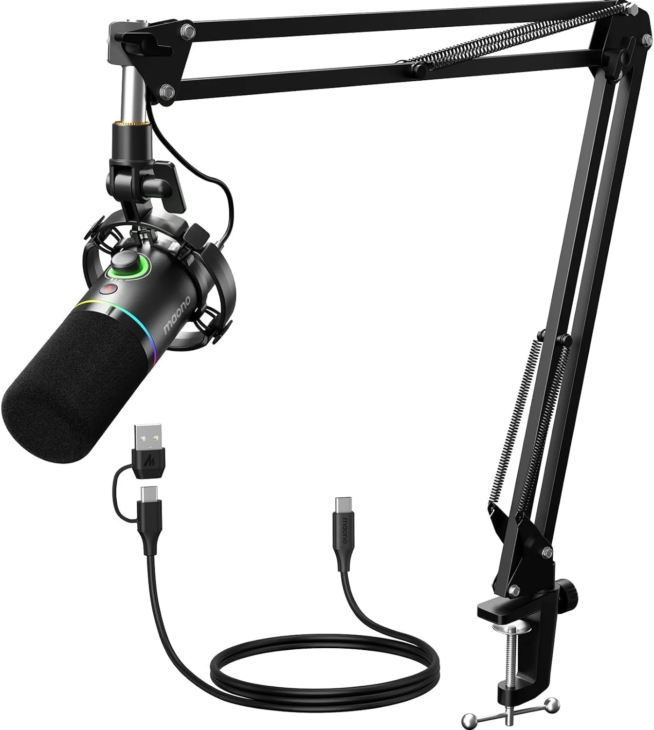 کیت میکروفون دینامیک XLR/USB مائونو، میکروفون پادکست RGB با نرم افزار، بی صدا کردن، دکمه تنظیم گین، کنترل صدا، بازوی بوم برای استریم، بازی، صداگذاری، ضبط - PD200XS مشکی