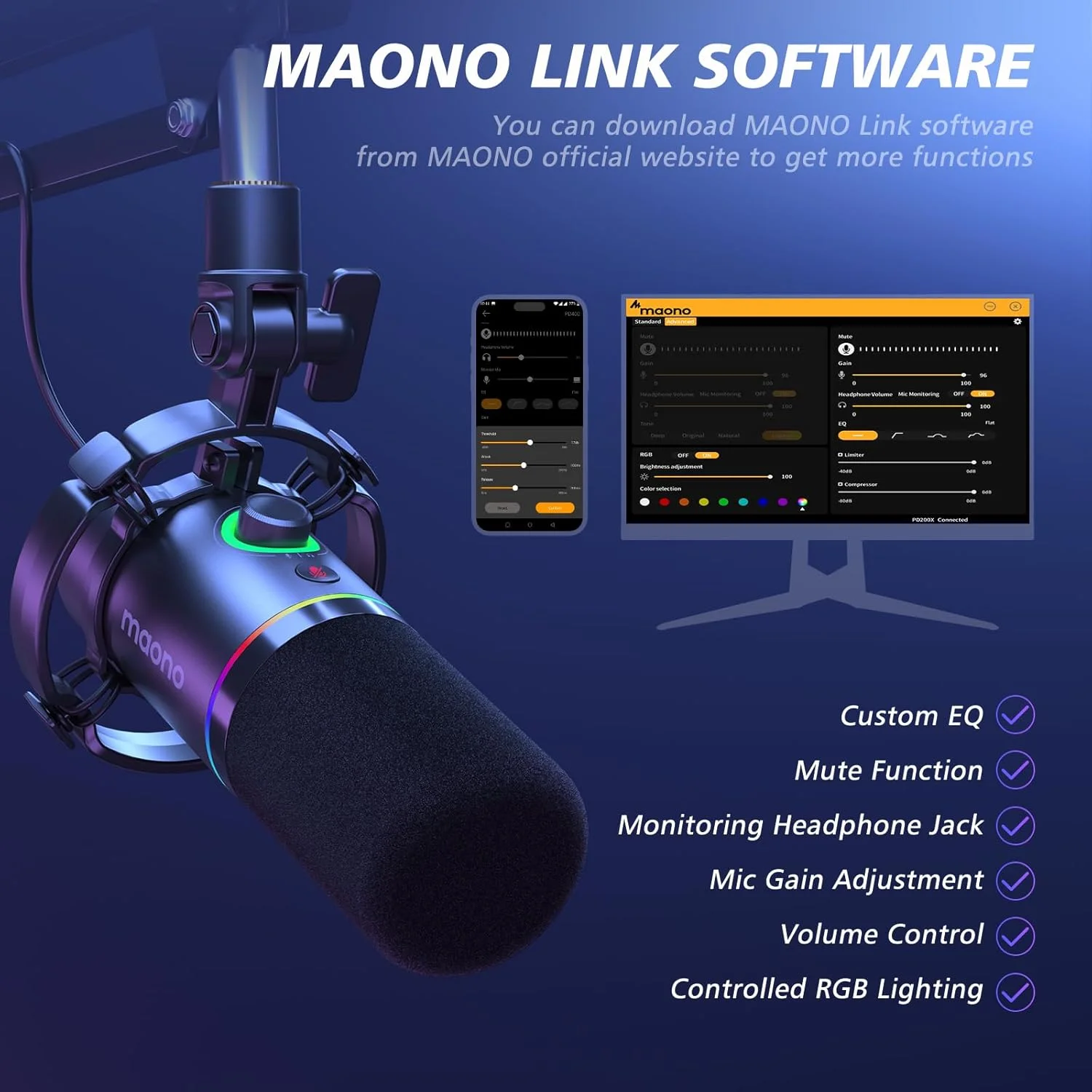 کیت میکروفون دینامیک XLR/USB مائونو، میکروفون پادکست RGB با نرم افزار، بی صدا کردن، دکمه تنظیم گین، کنترل صدا، بازوی بوم برای استریم، بازی، صداگذاری، ضبط - PD200XS مشکی کیت میکروفون دینامیک XLR/USB مائونو، میکروفون پادکست RGB با نرم افزار، بی صدا کردن، دکمه تنظیم گین، کنترل صدا، بازوی بوم برای استریم، بازی، صداگذاری، ضبط - PD200XS مشکی