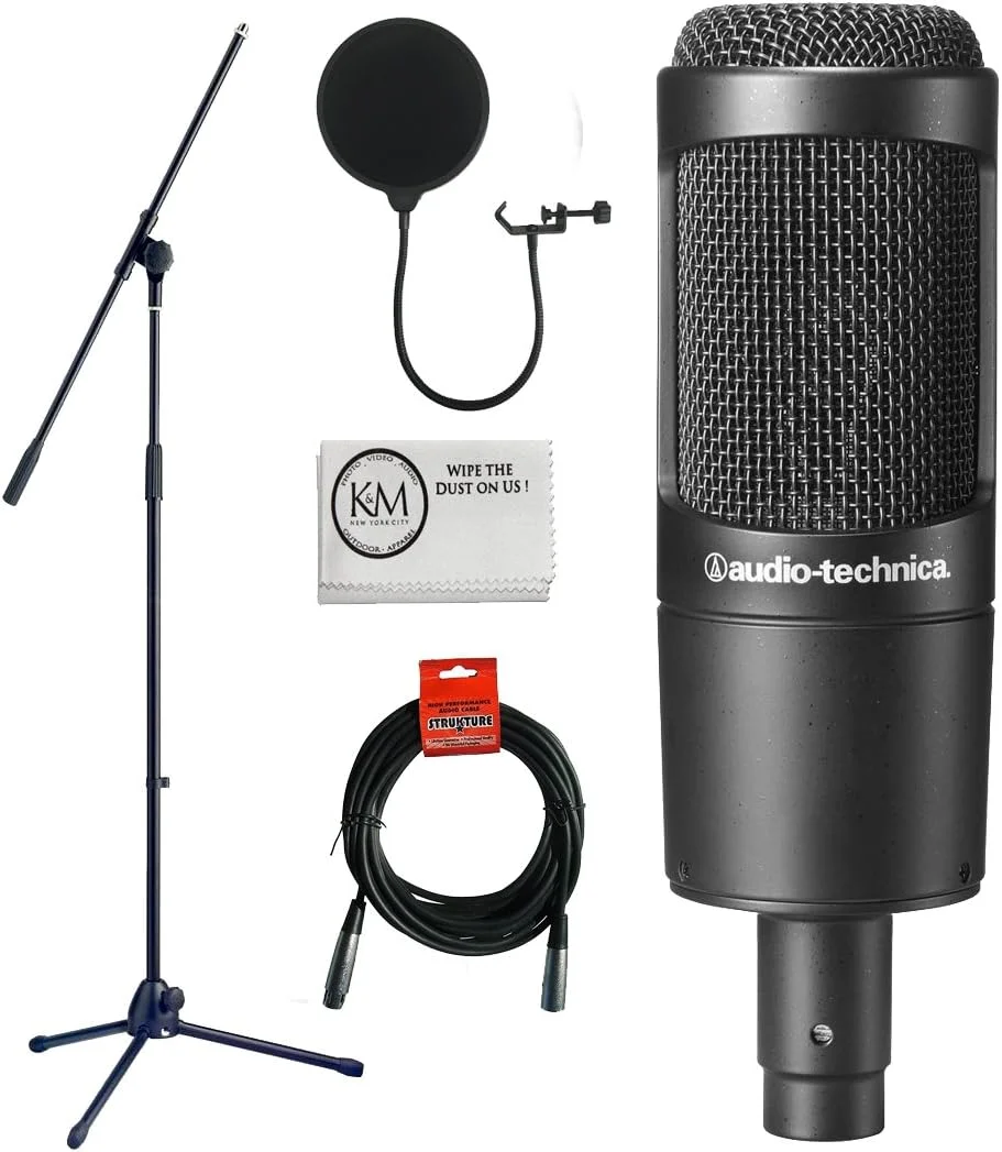 بسته میکروفون کاندنسر کاردیوئید Audio-Technica AT2035 به همراه پایه بوم، پاپ فیلتر، کابل XLR و پارچه پولیش Austin Bazaar