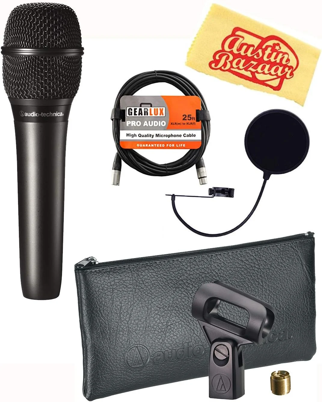 بسته میکروفون دستی کندانسور کاردیوئید Audio-Technica AT2010 به همراه پاپ فیلتر، کابل XLR و پارچه پولیش Austin Bazaar