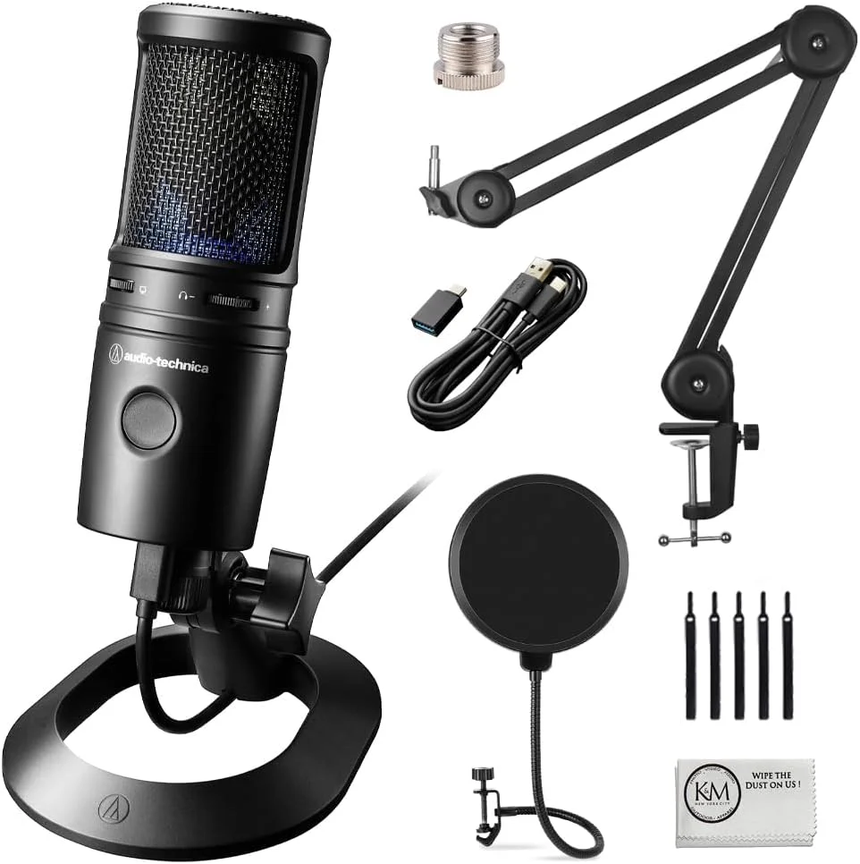 میکروفون USB کاندنسر کاردیوئید Audio-Technica AT2020USB-X به همراه بازوی میکروفون + فیلتر پاپ گیر باد + پارچه تمیز کننده (4 قلم)