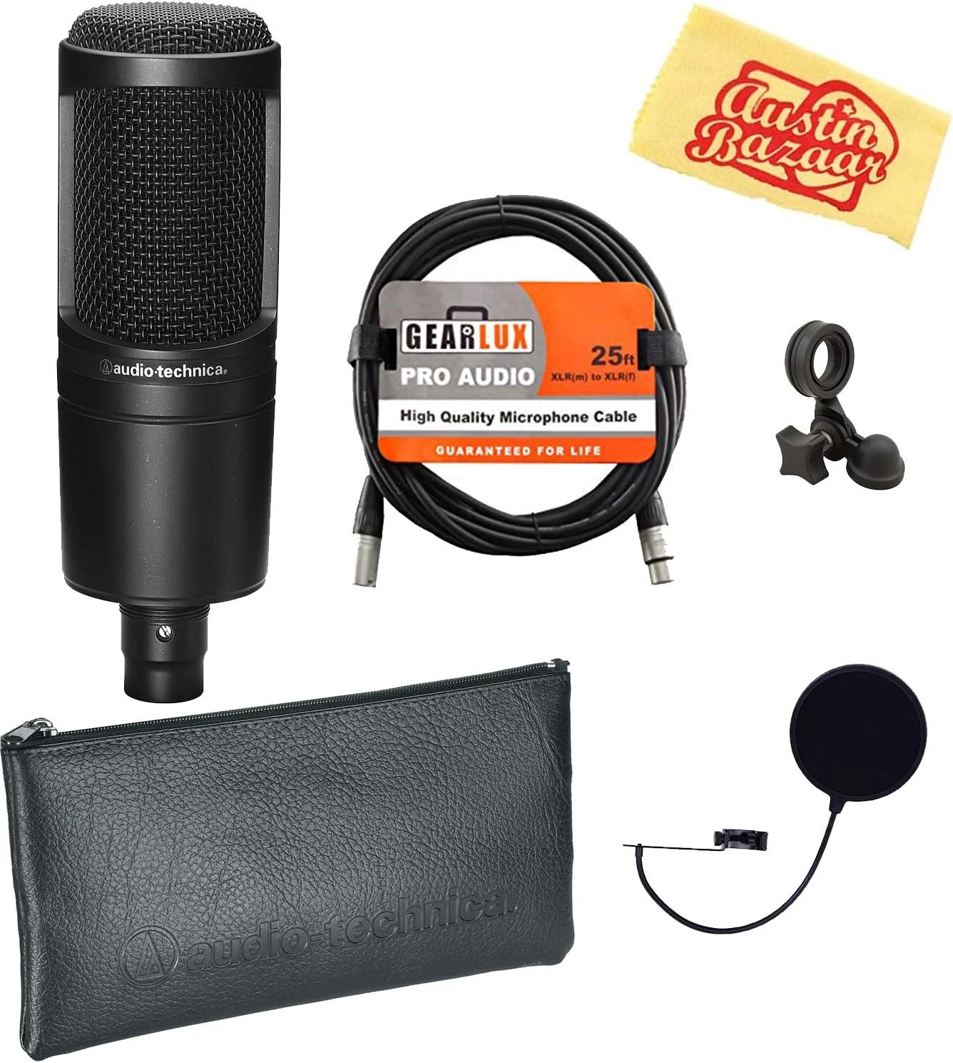 بسته میکروفون کاندنسر کاردیوید Audio-Technica AT2020 به همراه پاپ فیلتر، کابل XLR و پارچه پولیش Austin Bazaar
