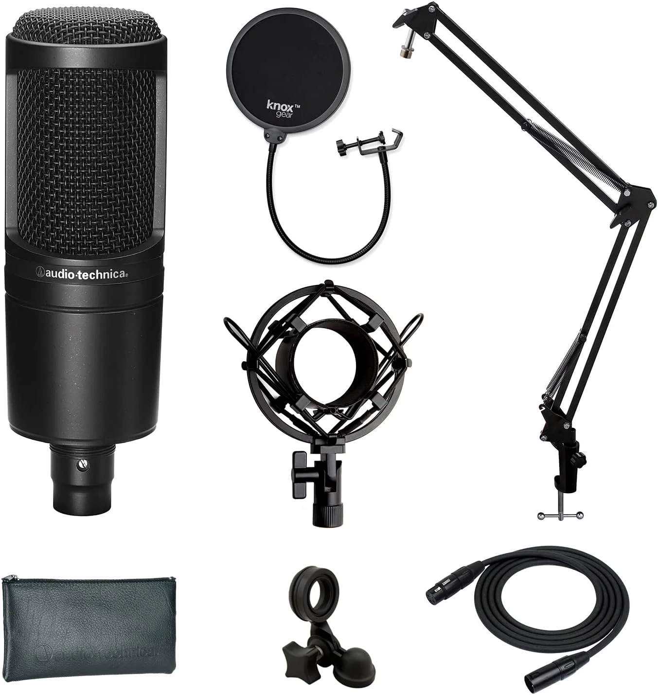 میکروفون استودیویی کاندنسر Audio-Technica AT2020 به همراه فیلتر Knox Gear، بازوی بوم، کابل و بسته شوک مونت (5 قطعه)