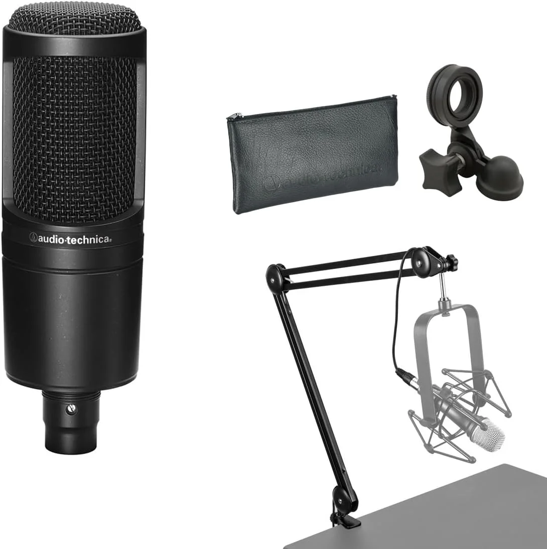 میکروفون کاندنسر کاردیوئید Audio-Technica AT2020، همراه با بازوی پخش با فنرهای داخلی و کابل XLR یکپارچه 10 فوتی
