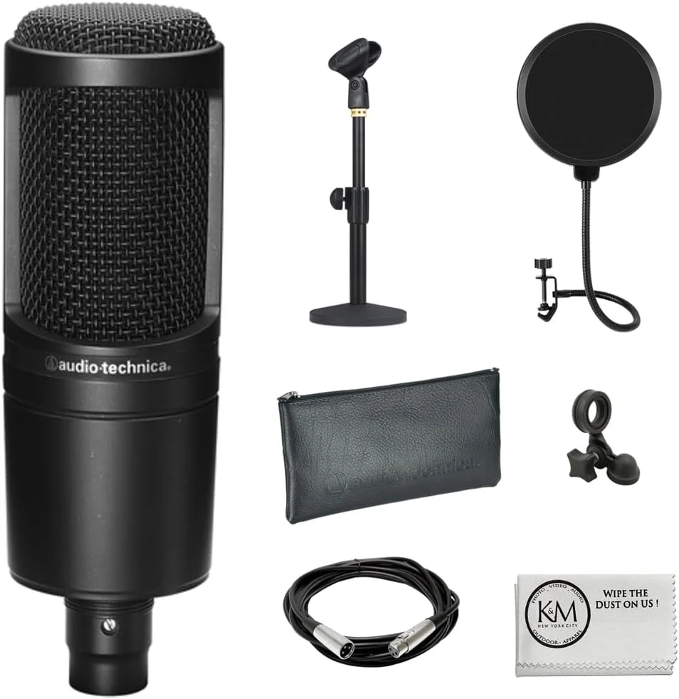 بسته میکروفون کندانسور کاردیود Audio-Technica AT2020 به همراه پاپ فیلتر + کابل XLR + پایه رومیزی میکروفون + پارچه تمیز کننده میکروفایبر (5 قطعه)