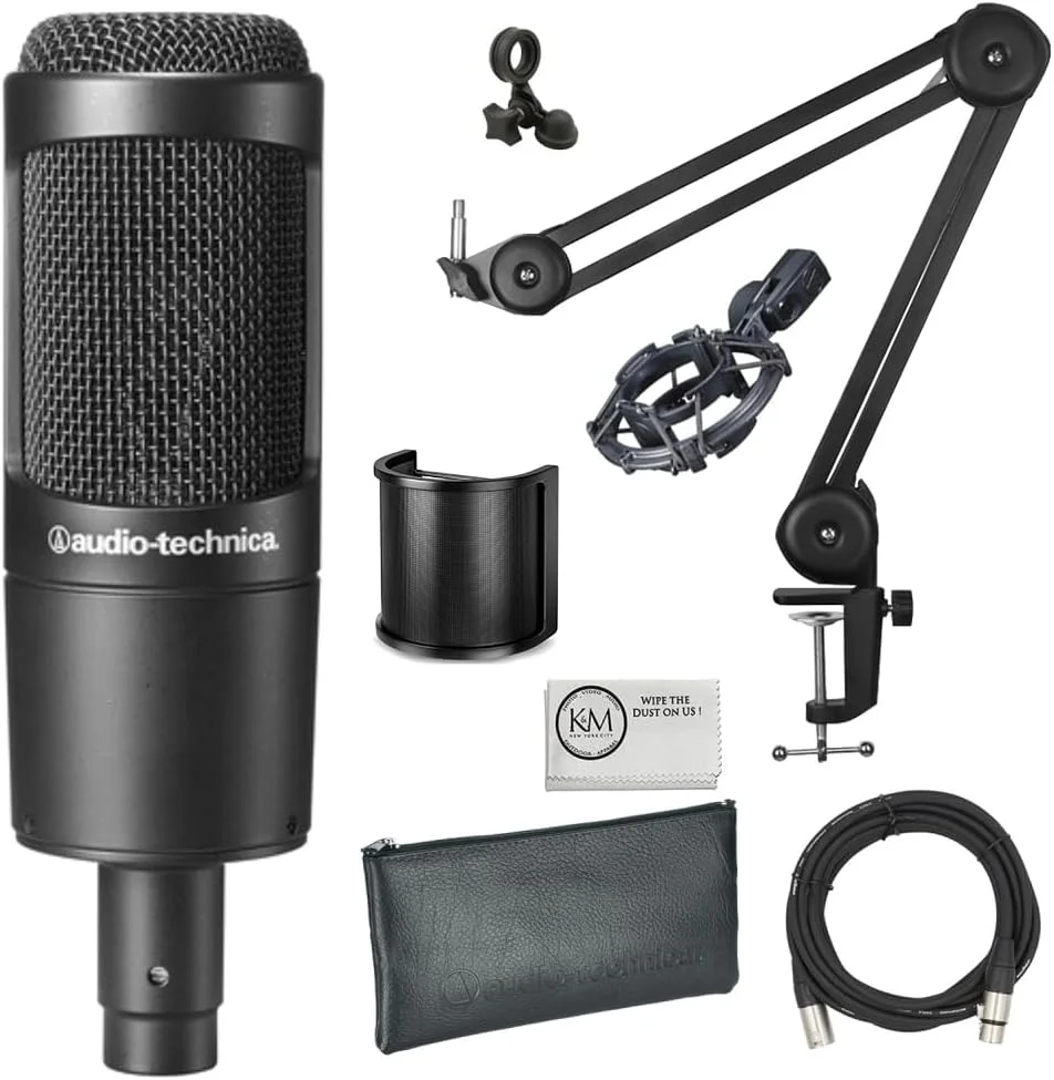 بسته میکروفون کاندنسر کاردیود Audio-Technica AT2035 به همراه کابل XLR + بازوی میکروفون + پاپ شیلد U شکل + پارچه میکروفایبر (5 قطعه)