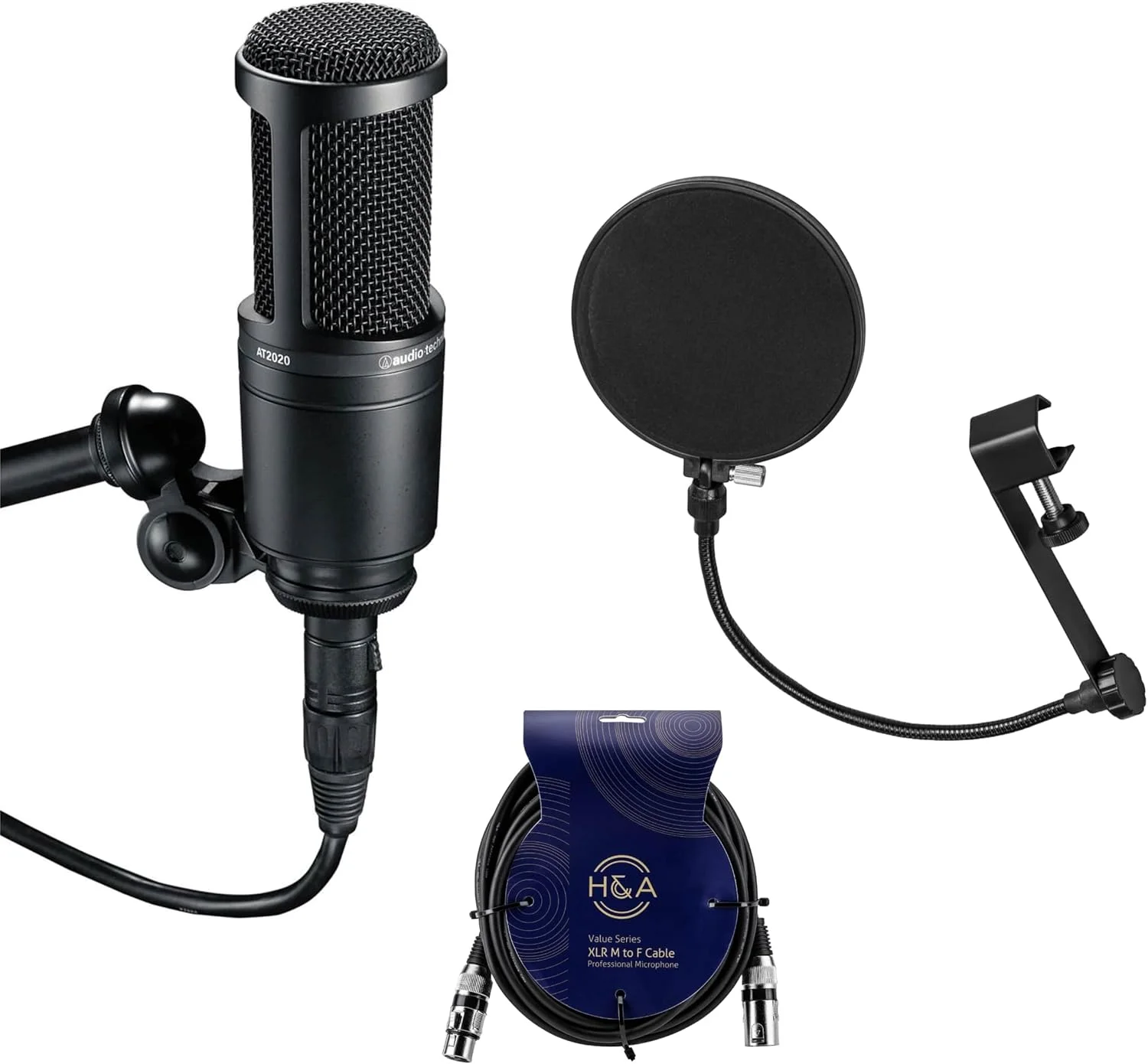 بسته میکروفون استودیویی کاندنسر Audio-Technica AT2020 به همراه پاپ فیلتر و کابل XLR