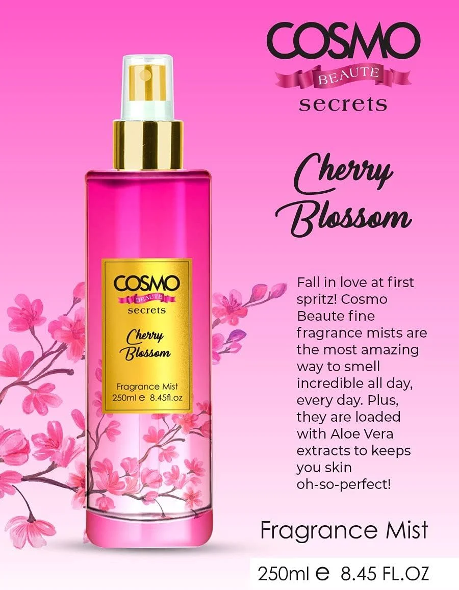 اسپری خوشبو کننده بدن با رایحه شکوفه گیلاس سی دی COSMO DESIGNS Beaute - 250 میلی لیتر، ماندگاری طولانی، حاوی عصاره آلوئه ورا، خوشبو کننده تمام روز، رایحه های تازه، پرایم، بادی اسپلش