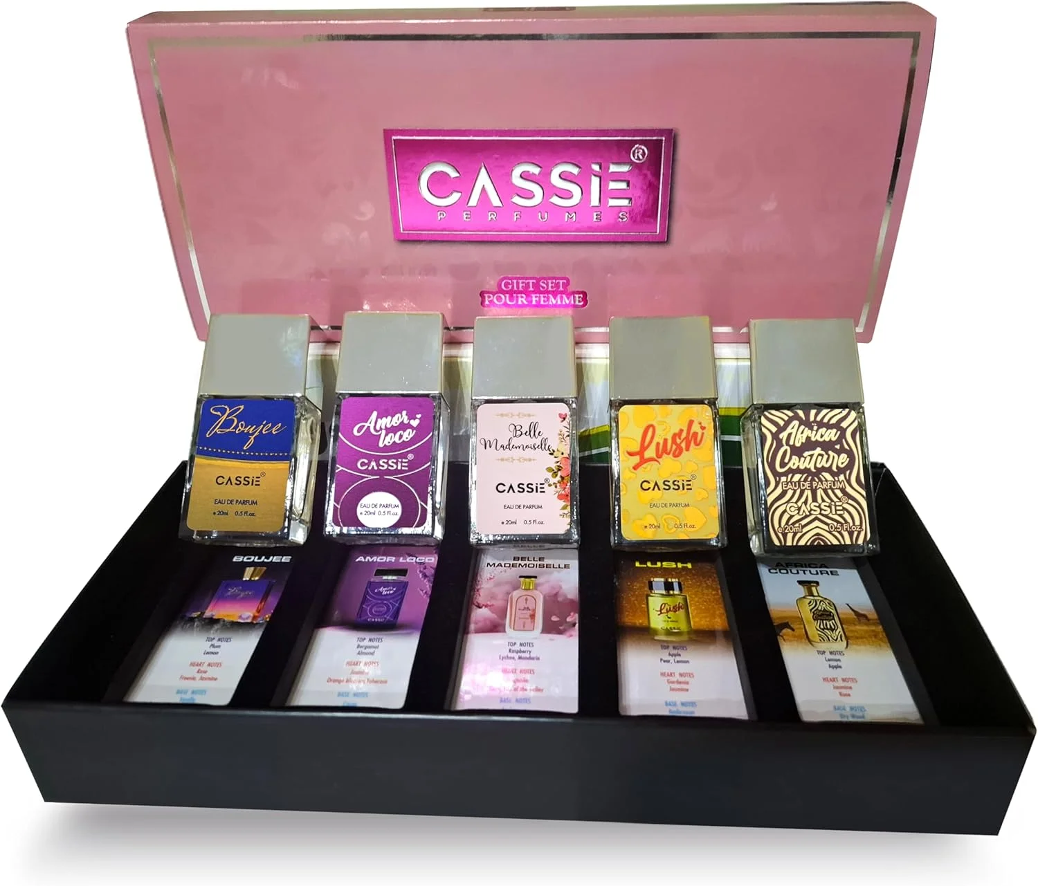 جعبه هدیه عطر زنانه CASSiE، ست 5 عددی | Amor Loco، Belle، Boujee، Lush، Africa Couture | 20 میلی لیتر