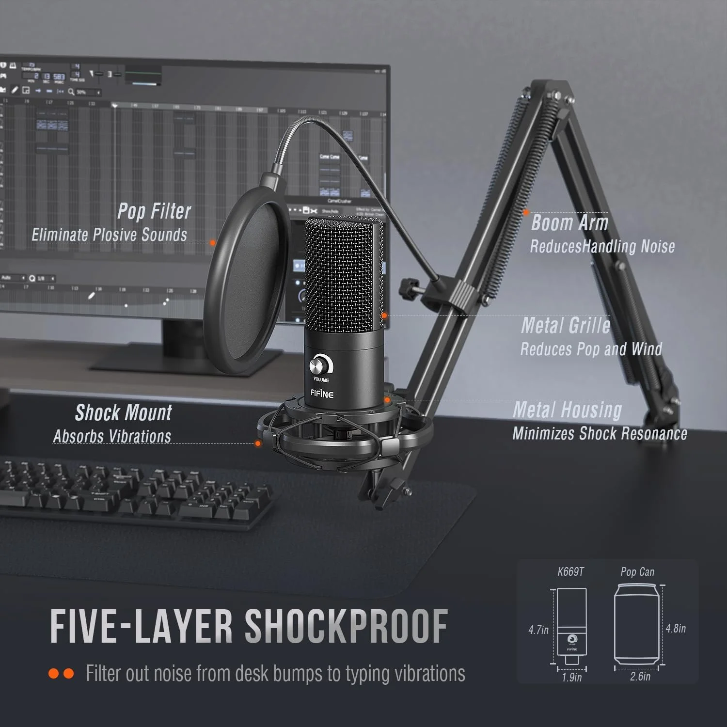 میکروفون USB کاندنسر استودیویی FIFINE مدل T669 به همراه پایه بازویی قیچیشکل قابل تنظیم، لرزهگیر و مناسب برای ضبط صدا، پادکست، یوتیوب، کارائوکه، بازی و استریم میکروفون USB کاندنسر استودیویی FIFINE مدل T669 به همراه پایه بازویی قیچیشکل قابل تنظیم، لرزهگیر و مناسب برای ضبط صدا، پادکست، یوتیوب، کارائوکه، بازی و استریم