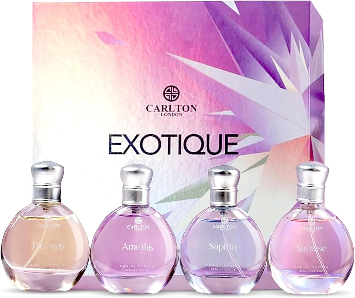 ست هدیه ادکلن زنانه کارلتون لندن مدل Exotique شامل 4 عطر ممتاز 30 میلی لیتری | رایحه های پرتقال، سدر، عسل و رز | ادو پرفیوم لوکس برای دختران و بانوان | بهترین ست هدیه برای زنان